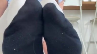 Daily feet video. Home shoes and black short socks.