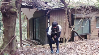 Masturbation perverted transgender tearing clothes in an abandoned house in the forest.