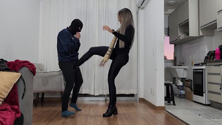 SEXY Queen Lytta Kicks with the tip and sole of her boot hard Because her slave took long to pay