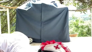 Sexy nurse comes to save us by masturbating outdoor fucking a dildo like a cowgirl | CAM4