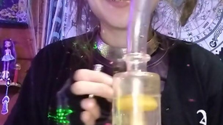 Hippie Chick Smoking Double Perc Bong