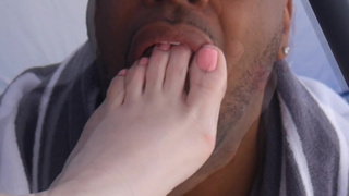 Foot slave foot gagging ON A PUBLIC BEACH