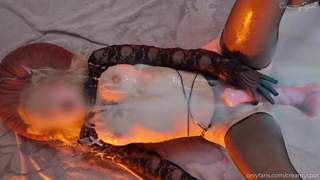 Cum covered girl moans and cums from huge loads of cum