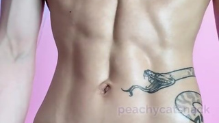 Petite and cute Asian muscle girl oils her six-pack abs and flexes