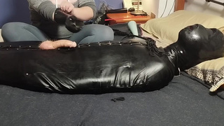 HUGE CUM IN SACK AFTER FOOT SMOTHERING AND LATEX HANDJOB IN CHASTITY LOCKED IN RUBBER HOOD BREATH