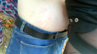 Dominatrix Nika fucked her slave in the ass in the park without lube. Pegging in public doggy style