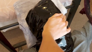 Facesitting and smothering with latex leggings! With hand over mouth and panty gag humiliation!