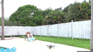 lesbian teen threesome play tug a war with a drone and their college pussy