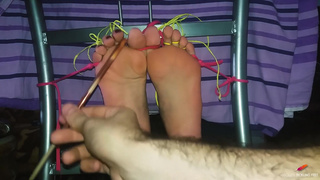 Hysterical agony for ticklish sensitive tied feet and toes (gagged tickled)