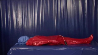 Rubber Girl In Latex Bondage Bag With Sheet Mask Breathplay Blowjob