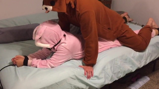 Bunny onesie tied up and fucked in bed