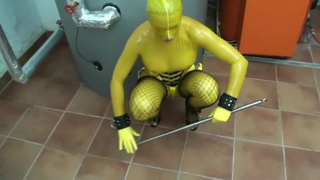 Girl Full Encased In Yellow Latex Catsuit + Fishnets Makes Self Bondage