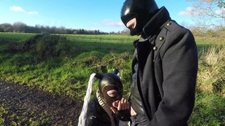 Miss Maskerade exhibition in full rubber french maid adventure outdoor giving latex blowjob