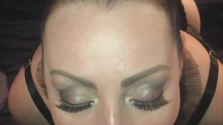 hot sexy sex slave gives leashed master a blowjob until he blows big load in her face