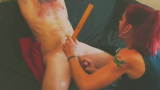 Housewifes ball squeezing bondage handjob Huge cock CBT + facial