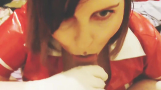 Gothic Nurse In PVC Wearing Latex Gloves & Spider Gag Cum In Mouth