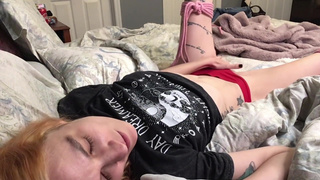 Tattooed brunette cums while stroking my cock