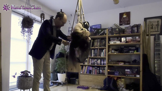 Shibari playtime: Girl in park bench pose suspension, breathplay, nipple clamp predicament!