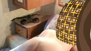 Wife spanked sore with anal prep in blue jeans on the bed