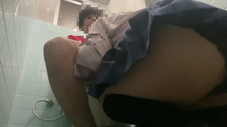 I made a beautiful girl in uniform clean the dick in the bathroom and put out a lot of sperm.