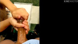 Sperm that scatters with a glans attack massage handjob on a handsome boyfriend's big dick at work