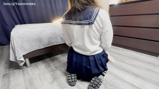 Cum on her skirt. Japanese schoolgirl is very spoiled!