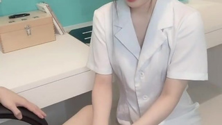 Female doctor ejaculate with handjob during examination