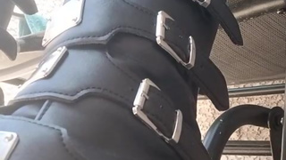 Goth girlfriend goddess in stompy goth boots and fishnets boot/shoe fetish crushing/giantess