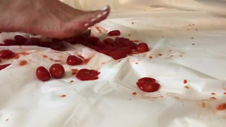 Feet fetish crushing food squishing tomatoes white toenails high arch