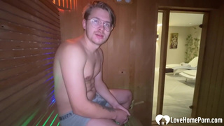 Sucking off a random guy in the sauna