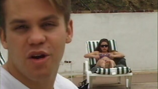 Lustful brunette fucking her boy in the backyard