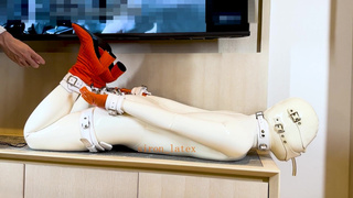 White rubber girl pleasure, electric shock and drooling