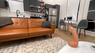 Tgirl fucks her tight ass on the living room couch