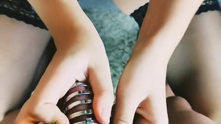 Fit girl locks her neighbor in a small metal chastity cage and keeps his keys