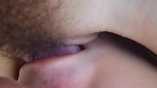 Gentle cunnilingus for the sweet hairy pussy of the whore wife.