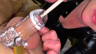 Dick Play in Chastity Belt by Makeup Brush and My Tongue