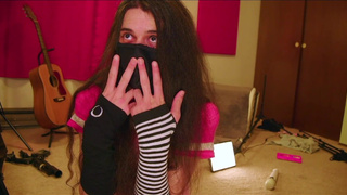 Sissy cums in chastity while taking 12” dildo