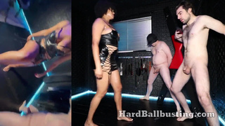 Split screen Mistress Sasha hard ball busting POV