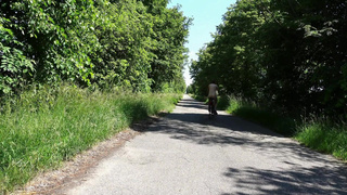Naked in chastity cage on the road