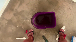 Siisy in chastity with ball weights has to use bucket as toilet in its pigpen angel Scarlett black