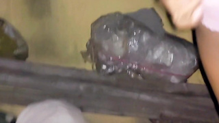 Ladyboy piss walking while chastity cage hypospedias penis which make pissing hard