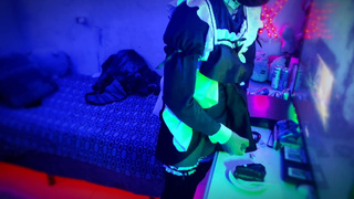 Femboy maid is rewarded with a cake, but has to come out of her chastity and put your milk to eat it