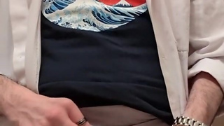 Caged cock in work bathroom