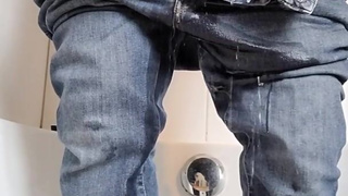 Locked up by mistress - chastity blue Jeans pee