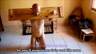 VOST engl - Deep throat training for this naked and chaste submissive inferior.