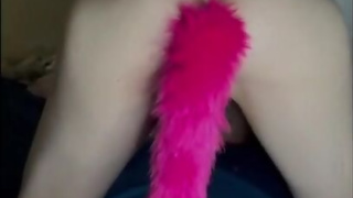 dumb puppy in chastity play with his puppy tail and his step-mommy beat her ass
