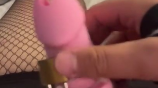 Femboy desperately tries to pleasure his locked cock (@veggieboiph on twitter)