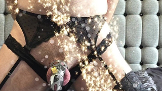 photoshoot slideshow in a chastity cage and black lace lingerie