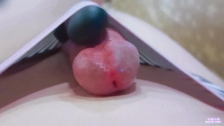 Close up playing with vibrator on cock and cum on tummy