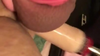 Sissy Michelle cums in chastity cage from fuck machine